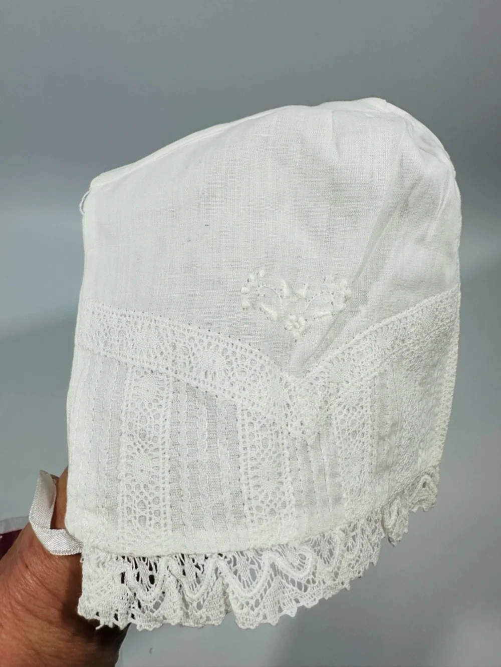 Vintage Rococo White Handmade Lace Baby Bonnet Ribbon Ties Baptism Christening